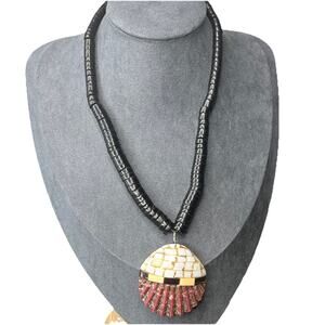 Vintage Santo Domingo Kewa Pueblo Shell Inlay Mosaic Jet Heishi Necklace 16.5"